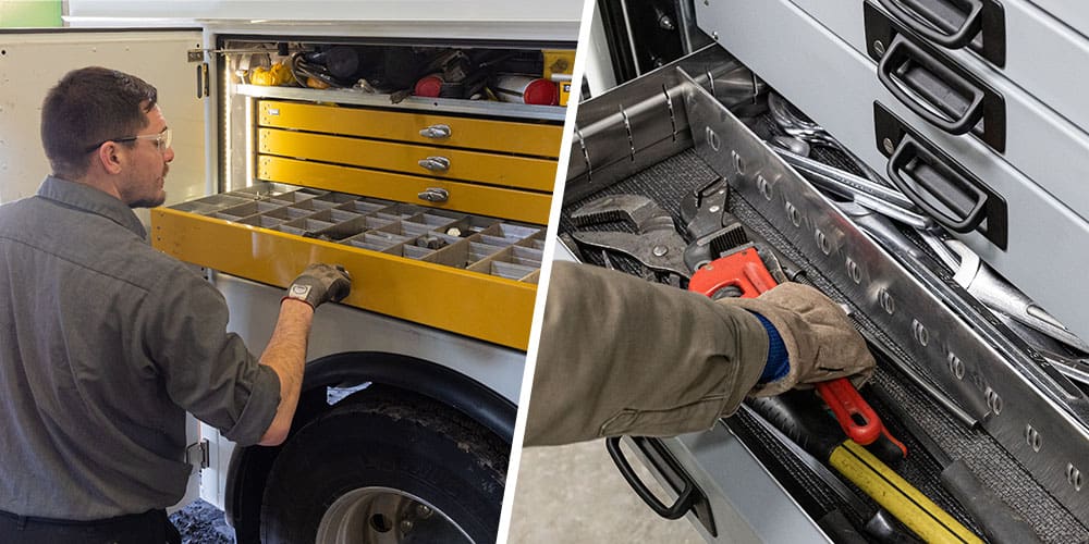 Split image of a male working wearing safety glasses and gloves opening a yellow toolbox system that features t-handle pulls and egg crate dividers. The other image features a gloved hand reaching into a toolbox system that features bale-style pull handles.