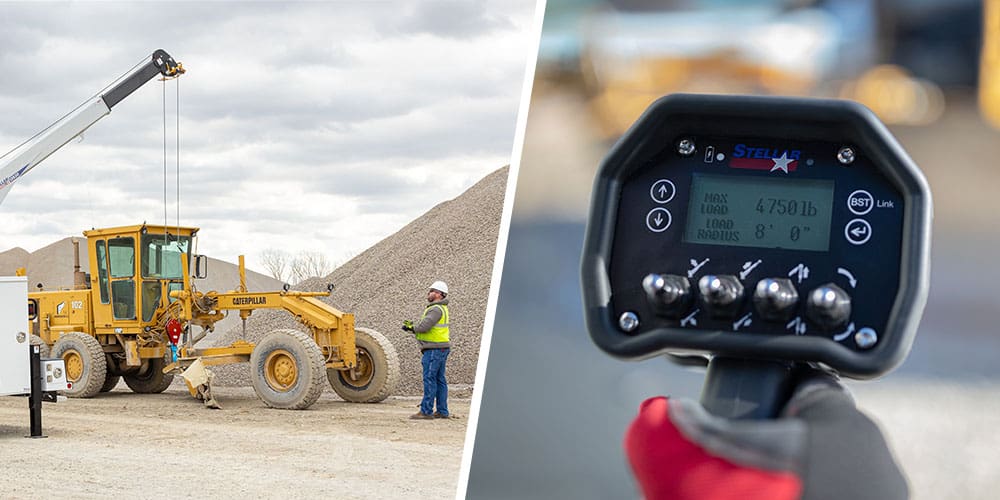 Split image of a worker operating a Stellar 12630 hydraulic service crane with a remote on a jobsite and a close-up of the CDTpro™ remote screen