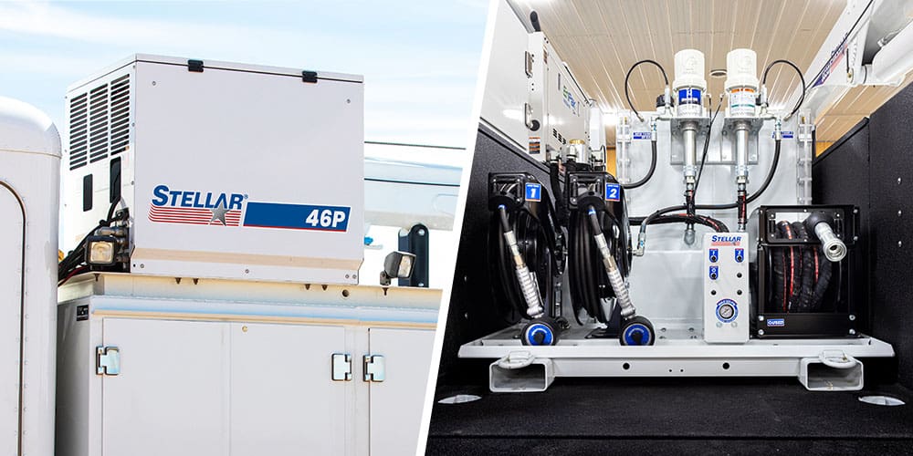 Split image of a Stellar® 46P Two-Stage Air Compressor and a LM160 Lube Skid